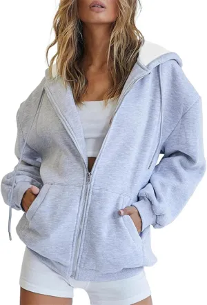 Women's Zip Up Hoodies Jacket Oversized Drawstring Hooded Sweatshirts with Pockets Long Sleeve Loose Fit Fall Coats