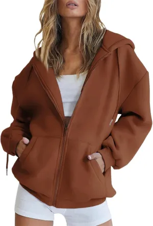 Women's Zip Up Hoodies Jacket Oversized Drawstring Hooded Sweatshirts with Pockets Long Sleeve Loose Fit Fall Coats
