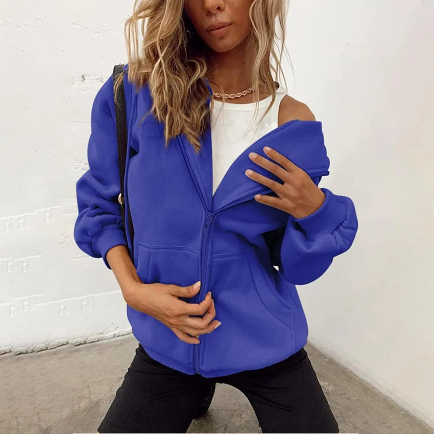Women's Zip Up Hoodies Jacket Oversized Drawstring Hooded Sweatshirts with Pockets Long Sleeve Loose Fit Fall Coats
