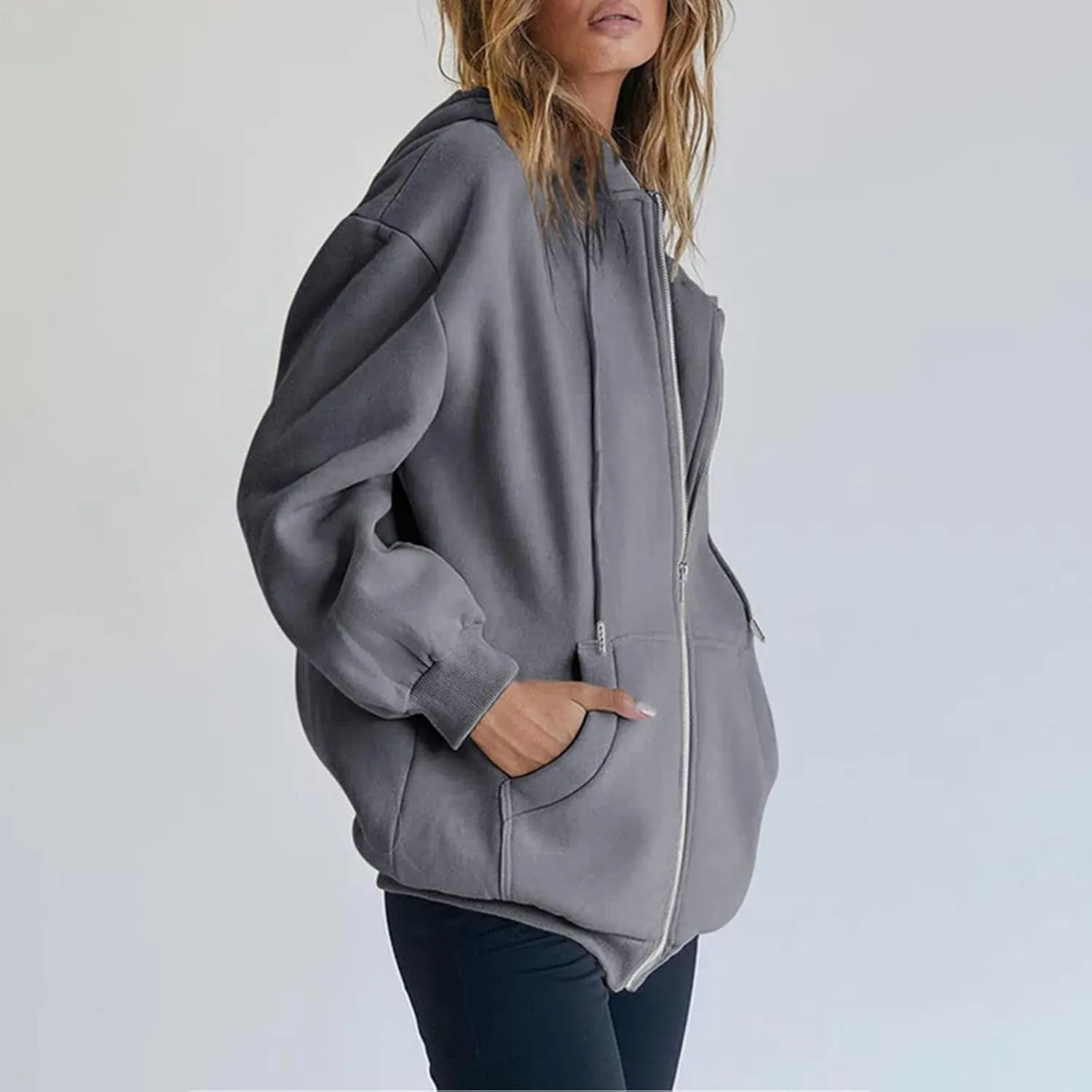 Women's Zip Up Hoodies Jacket Oversized Drawstring Hooded Sweatshirts with Pockets Long Sleeve Loose Fit Fall Coats
