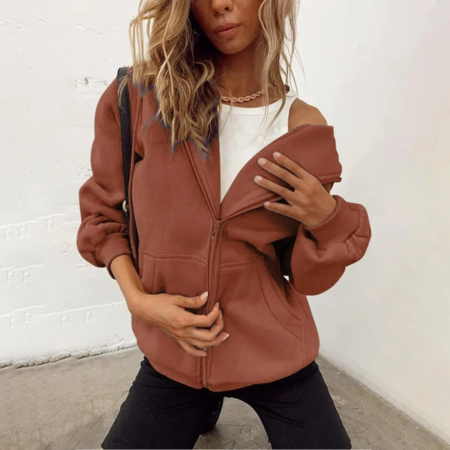 Women's Zip Up Hoodies Jacket Oversized Drawstring Hooded Sweatshirts with Pockets Long Sleeve Loose Fit Fall Coats
