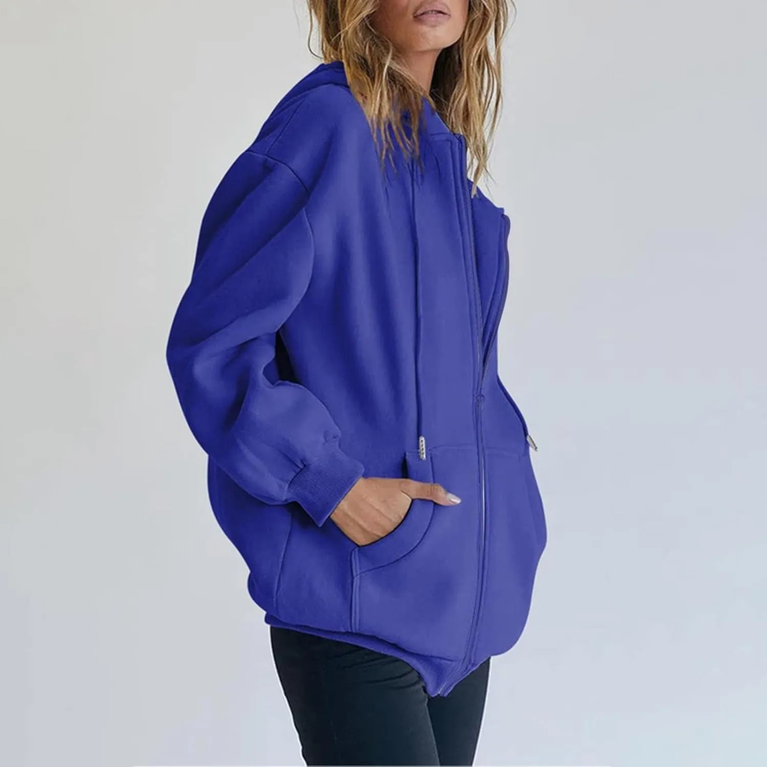 Women's Zip Up Hoodies Jacket Oversized Drawstring Hooded Sweatshirts with Pockets Long Sleeve Loose Fit Fall Coats