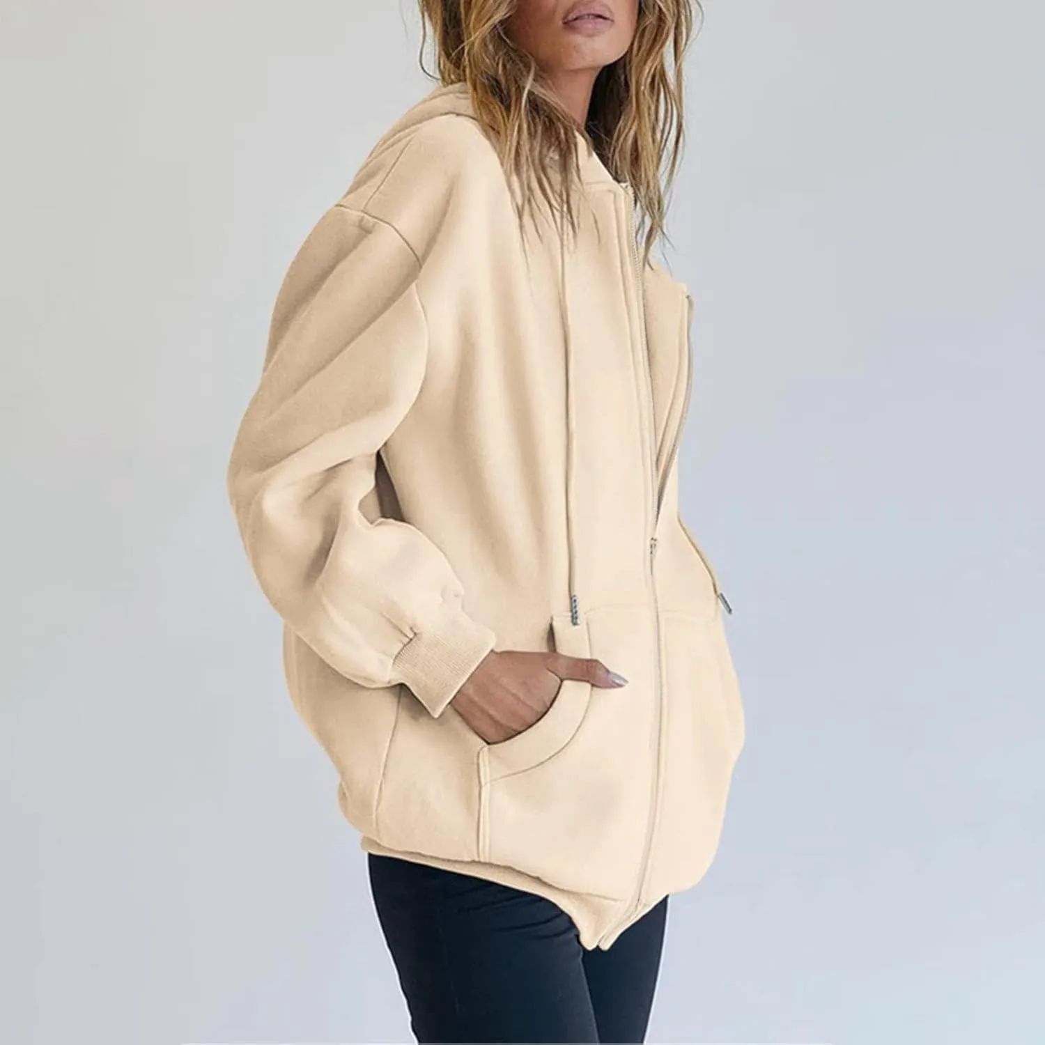 Women's Zip Up Hoodies Jacket Oversized Drawstring Hooded Sweatshirts with Pockets Long Sleeve Loose Fit Fall Coats