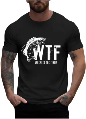 WTF Where's The Fish Shirt Men Short Sleeve T-Shirts Funny Graphic Tees Summer Fishing Gifts Tops for Father's Day