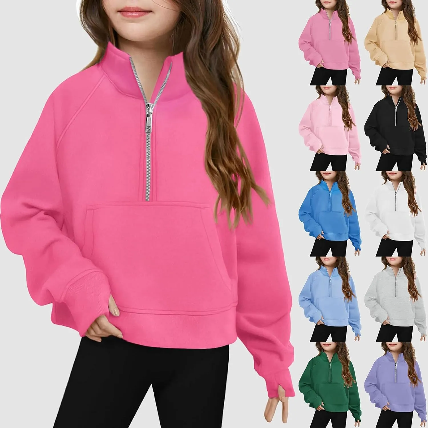 Youth Girls' Half Zip Sweatshirt Crop Tops Fleece Lined Quarter Zip Pullover Sweatshirts with Thumb Hole