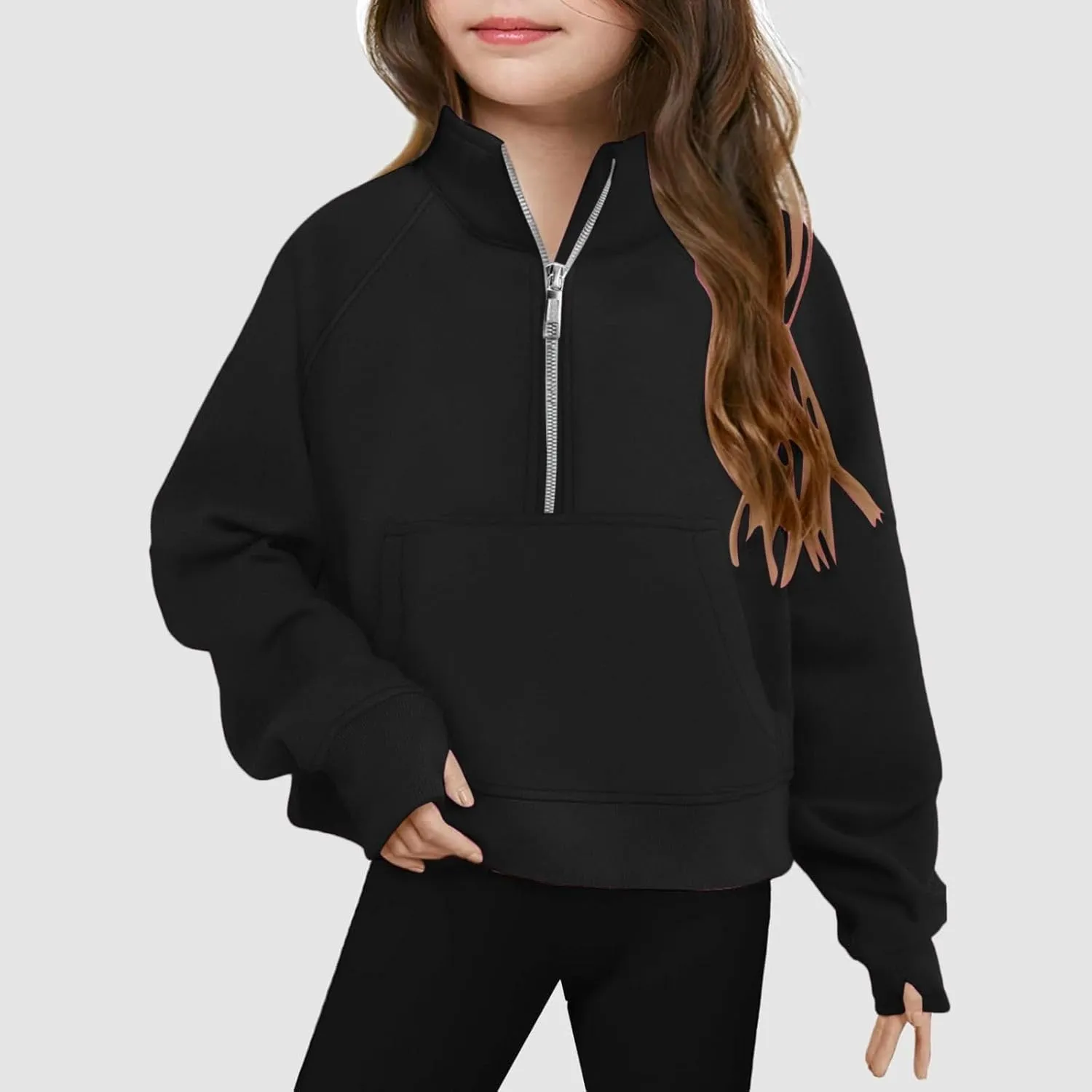 Youth Girls' Half Zip Sweatshirt Crop Tops Fleece Lined Quarter Zip Pullover Sweatshirts with Thumb Hole