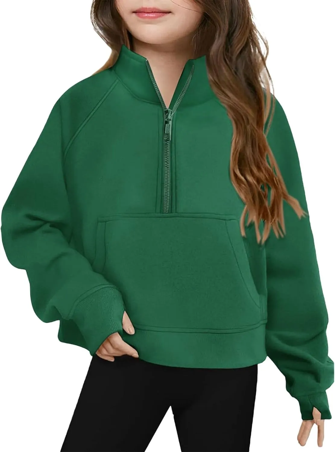 Youth Girls' Half Zip Sweatshirt Crop Tops Fleece Lined Quarter Zip Pullover Sweatshirts with Thumb Hole