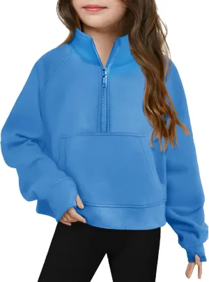 Youth Girls' Half Zip Sweatshirt Crop Tops Fleece Lined Quarter Zip Pullover Sweatshirts with Thumb Hole