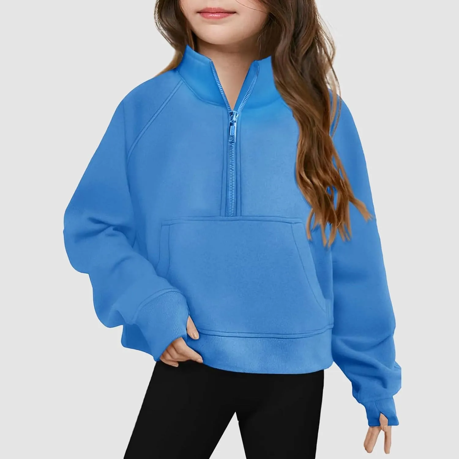 Youth Girls' Half Zip Sweatshirt Crop Tops Fleece Lined Quarter Zip Pullover Sweatshirts with Thumb Hole