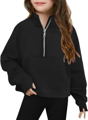 Youth Girls' Half Zip Sweatshirt Crop Tops Fleece Lined Quarter Zip Pullover Sweatshirts with Thumb Hole