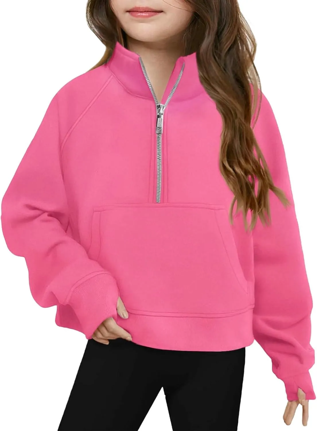Youth Girls' Half Zip Sweatshirt Crop Tops Fleece Lined Quarter Zip Pullover Sweatshirts with Thumb Hole