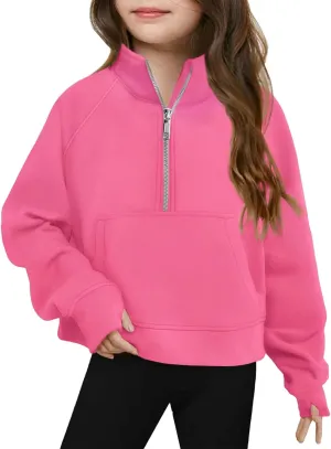 Youth Girls' Half Zip Sweatshirt Crop Tops Fleece Lined Quarter Zip Pullover Sweatshirts with Thumb Hole