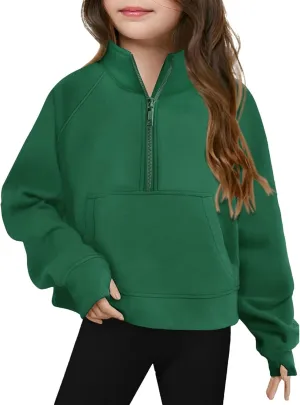Youth Girls' Half Zip Sweatshirt Crop Tops Fleece Lined Quarter Zip Pullover Sweatshirts with Thumb Hole
