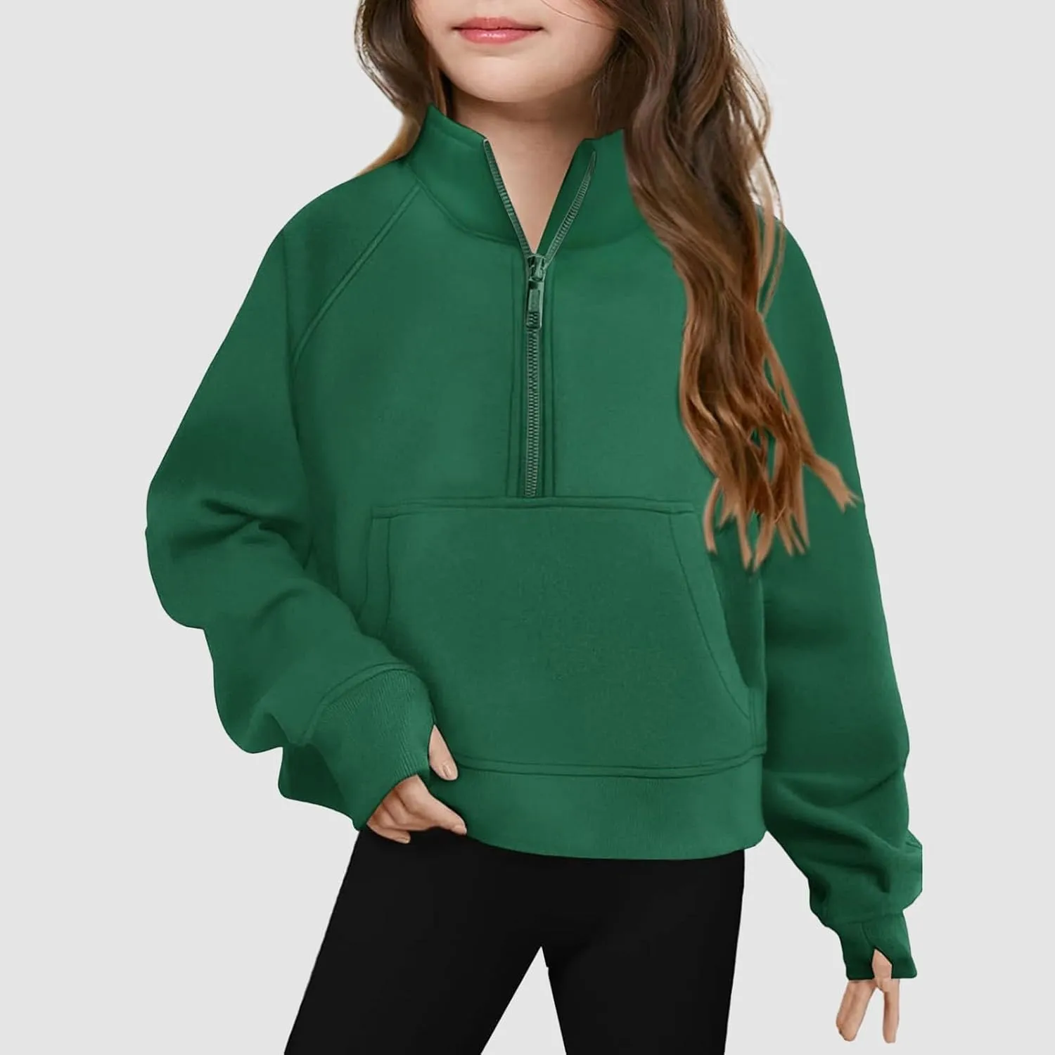 Youth Girls' Half Zip Sweatshirt Crop Tops Fleece Lined Quarter Zip Pullover Sweatshirts with Thumb Hole