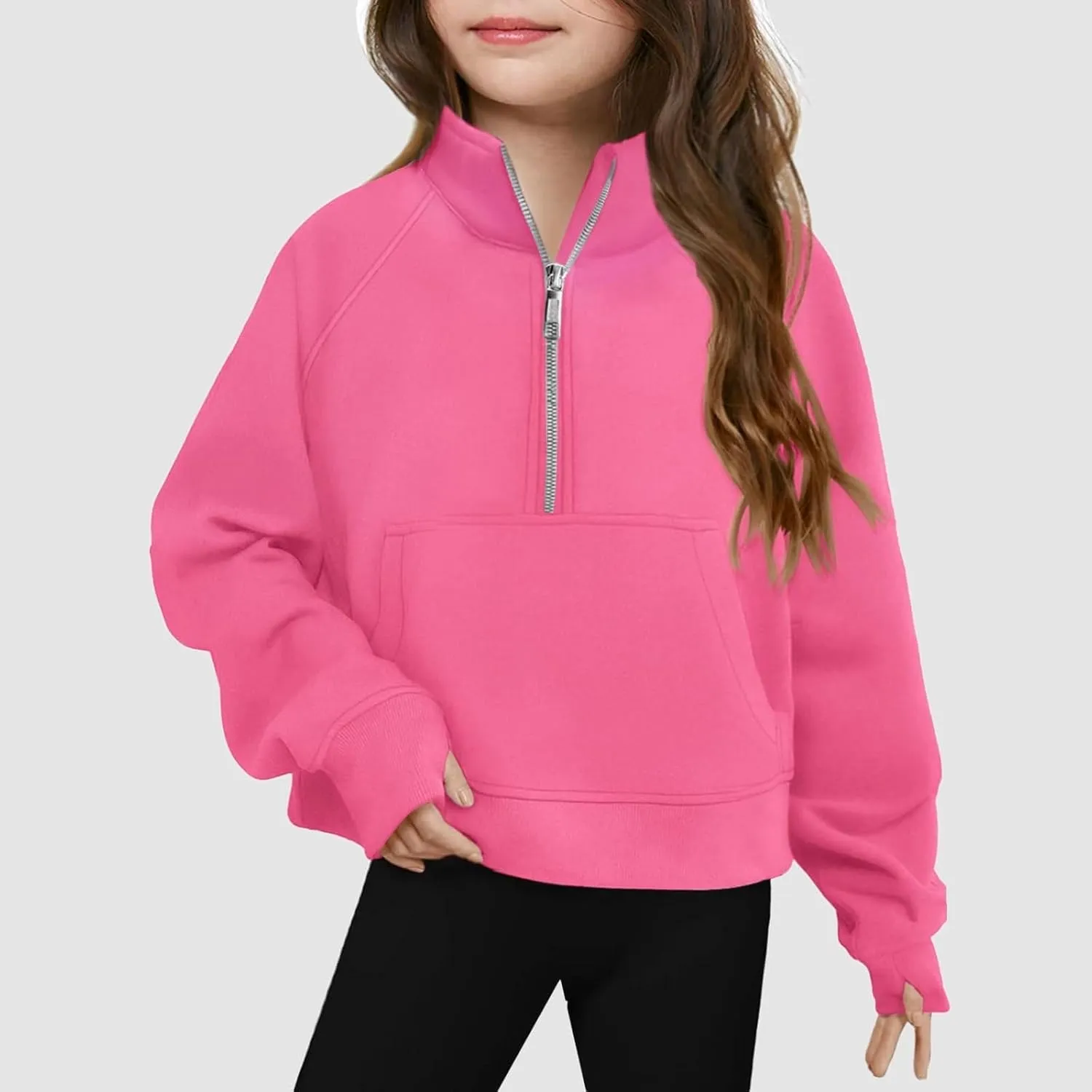 Youth Girls' Half Zip Sweatshirt Crop Tops Fleece Lined Quarter Zip Pullover Sweatshirts with Thumb Hole